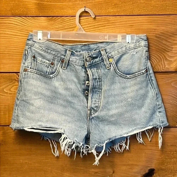 Levis 501 premium shorts womens button fly 30" waist high rise summer Fringe Hem - Picture 1 of 9